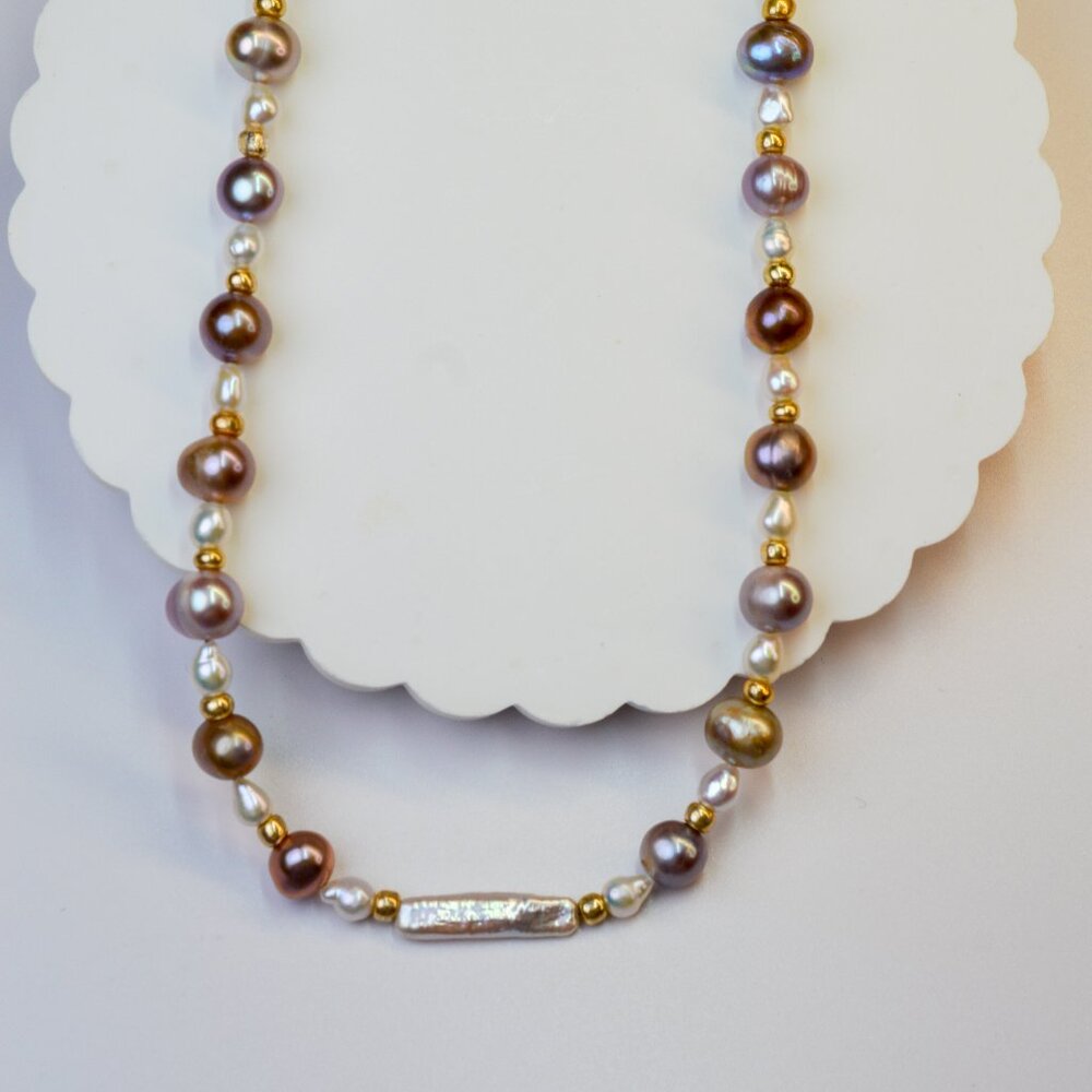 Natural Metallic Purple Pearl Necklace 19" Gold Plated